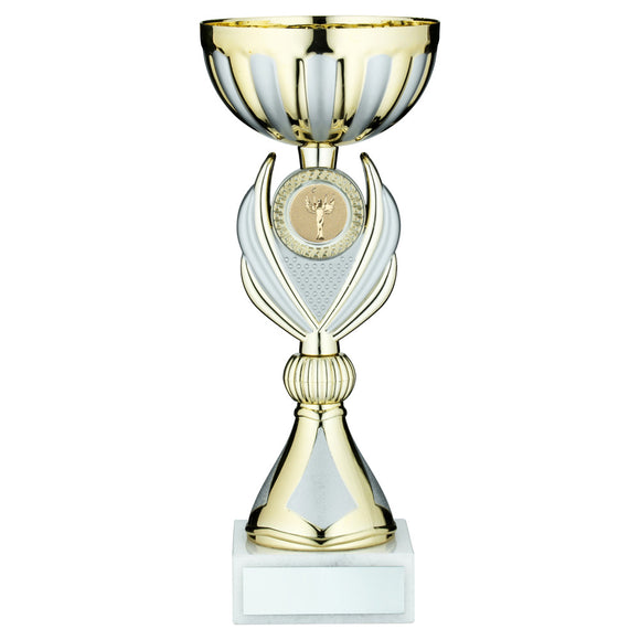 GOLD/MATT SILVER TROPHY CUP WITH PLATE (1in CENTRE)