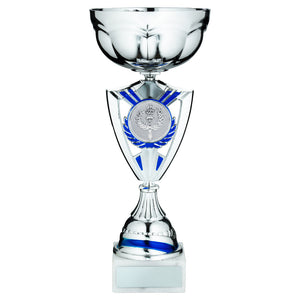 SILVER/BLUE SHIELD TROPHY CUP WITH PLATE (2in CENTRE)