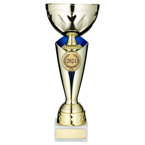 GOLD/BLUE TROPHY CUP WITH PLATE (2in CENTRE)