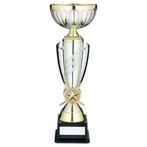 GOLD/MATT SILVER 3 STRIPE TROPHY CUP WITH PLATE (2in CENTRE)