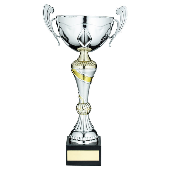 SILVER/GOLD TROPHY CUP WITH HANDLES AND PLATE