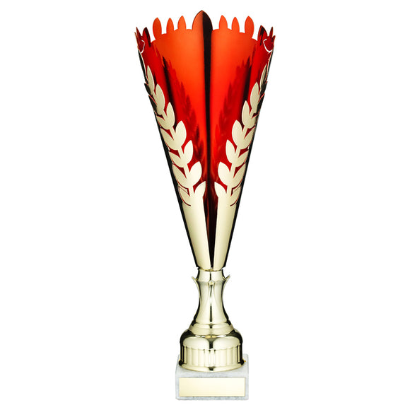 GOLD/RED METAL WREATH TROPHY CUP WITH PLATE