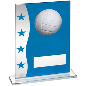BLUE/SILVER PRINTED GLASS PLAQUE WITH GAELIC FOOTBALL IMAGE TROPHY