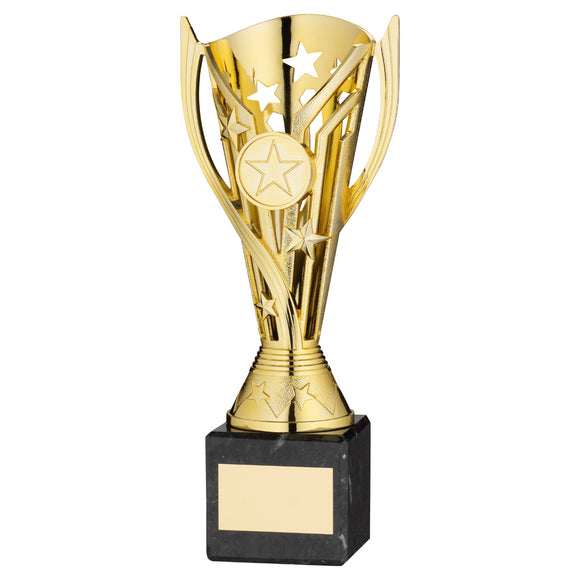 GOLD PLASTIC 'FLASH' CUP ON BLACK MARBLE ASSEMBLED TROPHY (1