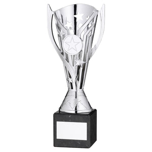 SILVER PLASTIC 'FLASH' CUP ON BLACK MARBLE ASSEMBLED TROPHY (1" CEN)