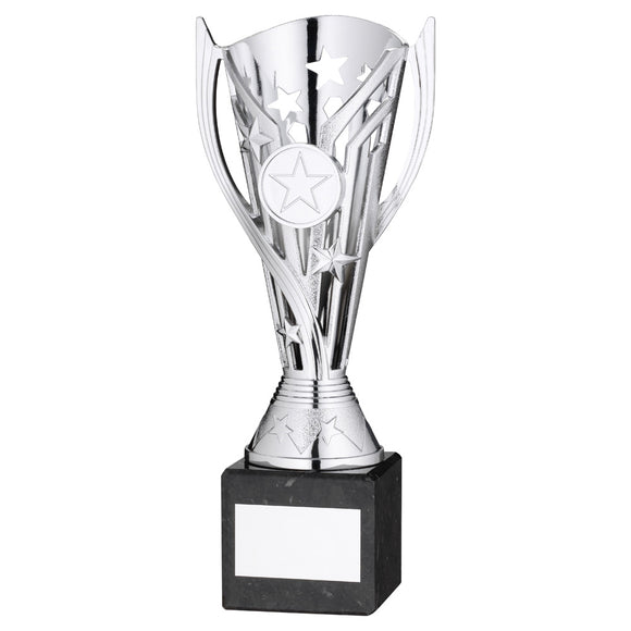 SILVER PLASTIC 'FLASH' CUP ON BLACK MARBLE ASSEMBLED TROPHY (1