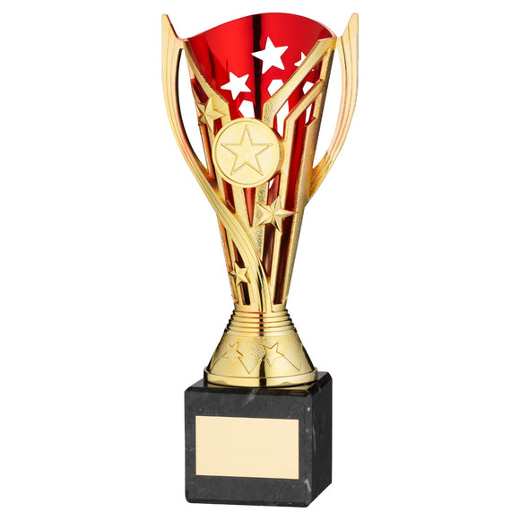 GOLD/RED PLASTIC 'FLASH' CUP ON BLACK MARBLE ASSEMBLED TROPHY (1