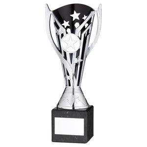 SILVER/BLK PLASTIC 'FLASH' CUP ON BLK MARBLE ASSEMBLED TROPHY (1" CEN)