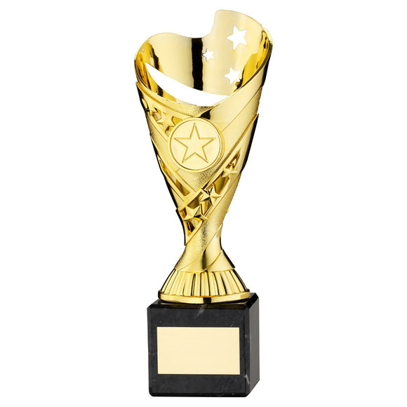 GOLD PLASTIC 'SABRE' CUP ON BLACK MARBLE ASSEMBLED TROPHY (1