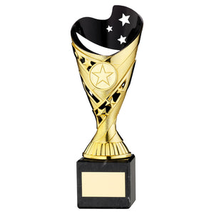 GOLD/BLK PLASTIC 'SABRE' CUP ON BLK MARBLE ASSEMBLED TROPHY (1" CEN)