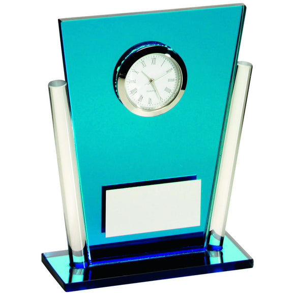 BLUE/CLEAR GLASS TAPERED RECTANGLE CLOCK TROPHY