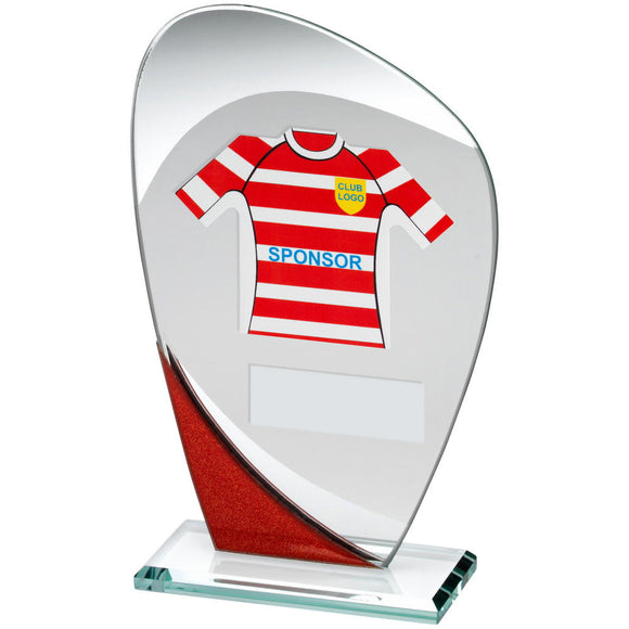 JADE/RED/SILVER GLASS PLAQUE WITH RUGBY SHIRT TROPHY