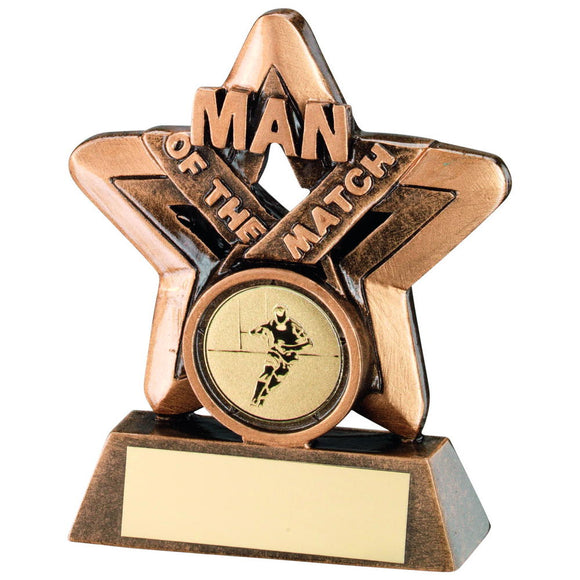 BRZ/GOLD MAN OF THE MATCH MINI STAR WITH RUGBY INSERT TROPHY