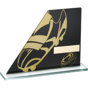 BLACK/GOLD PRINTED GLASS PLAQUE WITH RUGBY BOOT/BALL TROPHY