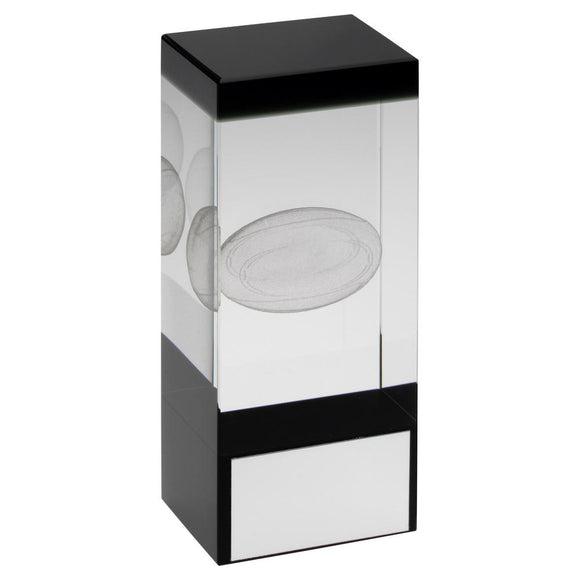 CLEAR/BLACK GLASS BLOCK WITH LASERED RUGBY IMAGE TROPHY