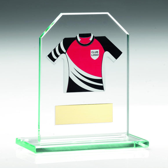JADE GLASS PLAQUE WITH RUGBY SHIRT TROPHY