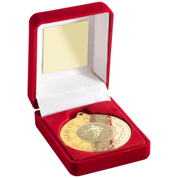 RED VELVET BOX AND 50mm MEDAL WITH RUGBY INSERT 'M.O.T.M' TROPHY