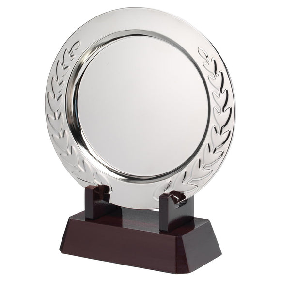 SILVER PLATED 'LAUREL' SALVER ON WOODEN STAND
