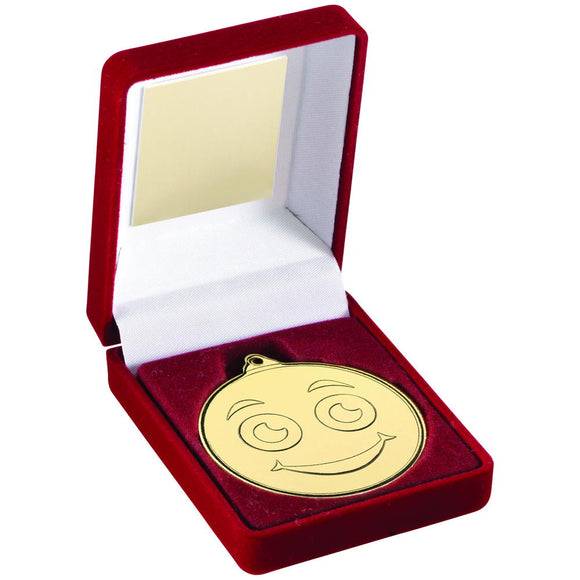RED VELVET BOX AND GOLD 50mm MEDAL SMILEY FACE TROPHY