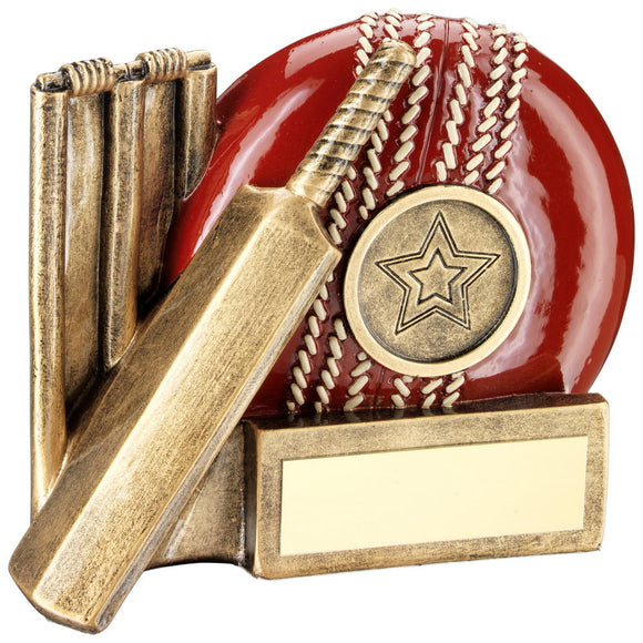 BRZ/RED CRICKET BALL, BAT AND STUMPS CHUNKY FLATBACK TROPHY (1in CENTRE)