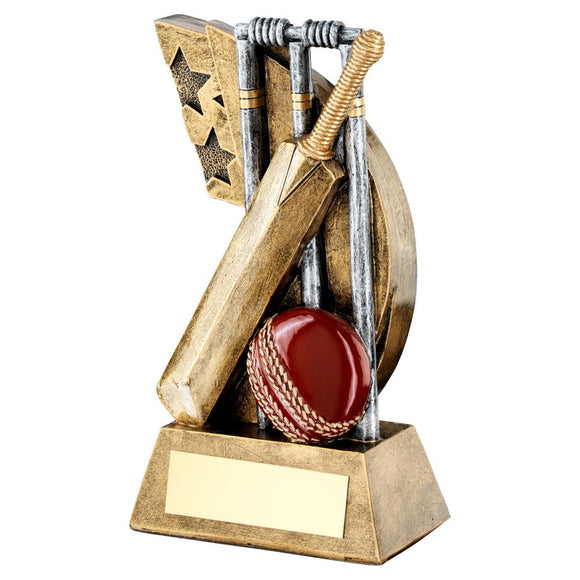 BRZ/PEW/RED CRICKET STUMPS/BAT/BALL ON STAR SWOOSH TROPHY