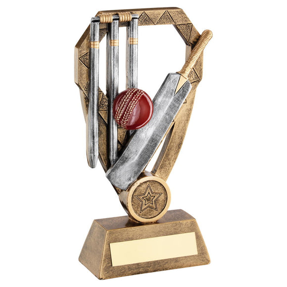 BRZ/PEW/GOLD CRICKET BAT WITH BALL AND STUMPS ON DIAMOND TROPHY (1in CENTRE)
