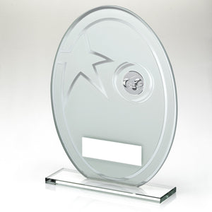 WHITE/SILVER PRINTED GLASS OVAL WITH LAWN BOWLS INSERT AND PLATE