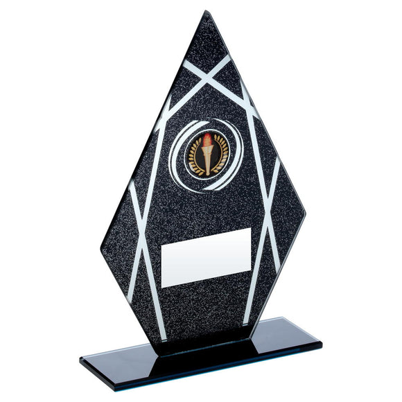 BLACK/SILVER PRINTED GLASS DIAMOND PLAQUE ON BLACK BASE TROPHY (1in CEN)