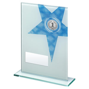 WHITE/BLUE PRINTED GLASS RECTANGLE WITH LARGE STAR TROPHY (1in CENTRE)