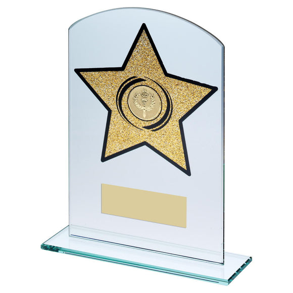 JADE GLASS ARCHED RECTANGLE WITH GOLD GLITTER STAR TROPHY (1in CENTRE)