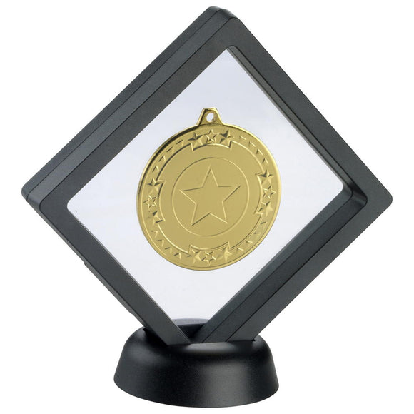 BLACK/CLEAR PLASTIC MEDAL BOX WITH STAND