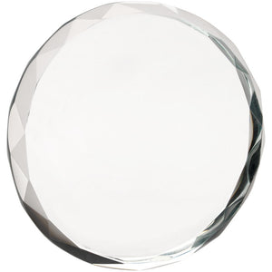CLEAR GLASS ROUND PAPERWEIGHT WITH FACETED EDGE (19MM THICK)